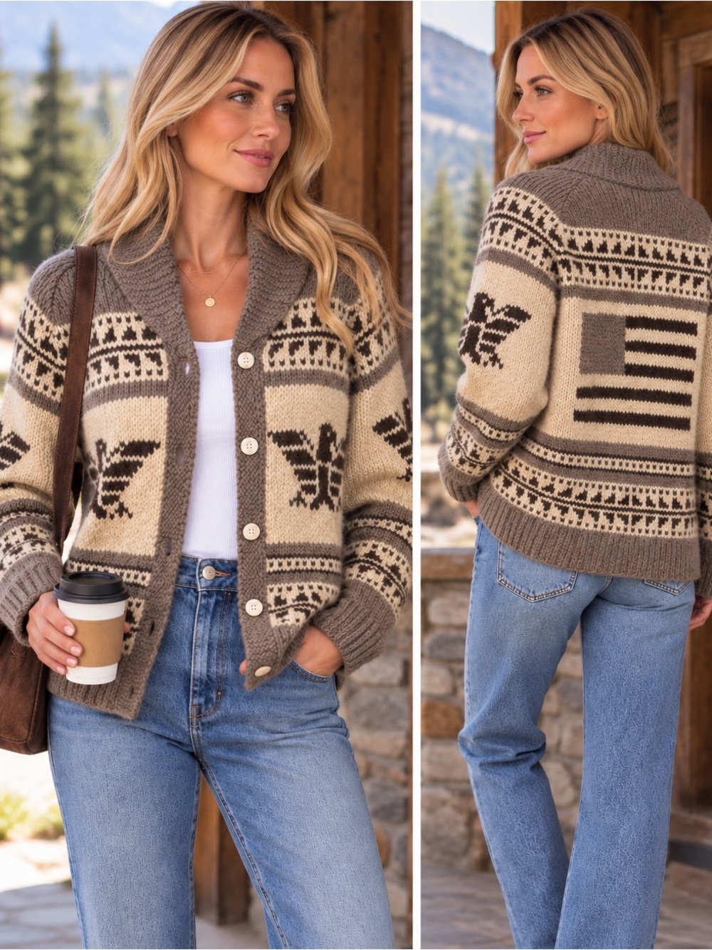 Vintage 90s Polo Sport Ralph Lauren Wool Hand Knit Eagle flag Cardigan large